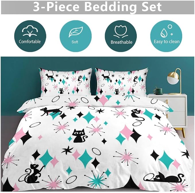Geometry Modern Bedding Set,Mid Century Black Cat Abstract Atomic Geometric Vintage 1950s 1960s Pattern Print Yellow Comforter Set with Pillowcase for Bedroom Bed Decor,Full 79"x90"