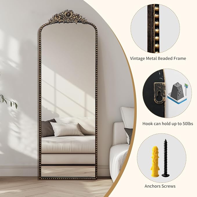 Full-Length Baroque Style Vintage Mirror, 65"L x 22"W, Wall-Mounted, Antique Black Iron Frame, Thick 4MM Glass, Explosion-Proof, Living Room, Bedroom, Entryway