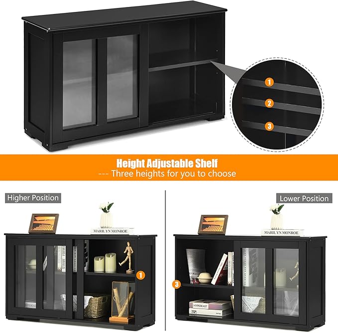 Sideboards Buffet Cabinet, Sliding Tempered Glass Door Coffee Bar, Console Table with Adjustable Shelf, Credenzas for Living Room, Stackable Kitchen Cupboard for Dining Room (Black)