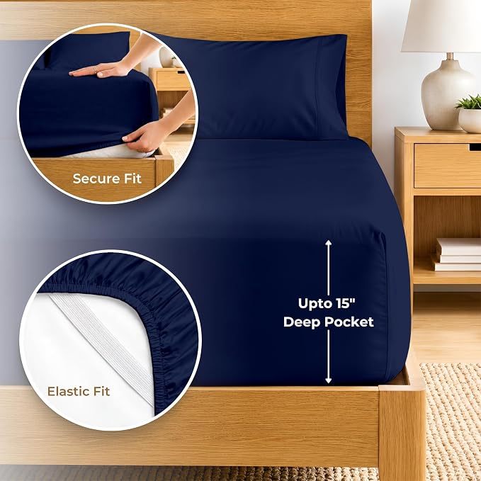 SGI bedding 100% Egyptian Cotton Sheets Twin Size – 600 Thread Count Sheets Set, Soft, Cooling, 15" Deep Pocket, Luxury Hotel Bedding, Breathable, Durable - Navy Blue