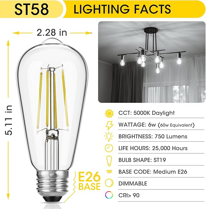 Vintage LED Edison Bulb Dimmable 60W Equivalent 750 Lumens, 6W Edison Light Bulbs Daylight White 5000K, Antique ST58 LED Filament Bulb E26 Base, CRI 90+, Clear Glass, Pack of 16