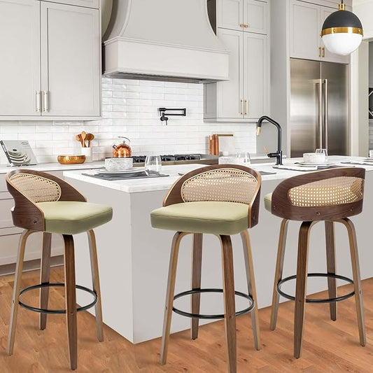30" Swivel Rattan Bar Stools Set of 3 Mid-Century Modern Faux Leather Upholstered Bar Height Stools Kitchen Island Barstool with Rattan Low Backrest,Walnut Wood Finish Bar Chairs,Green PU