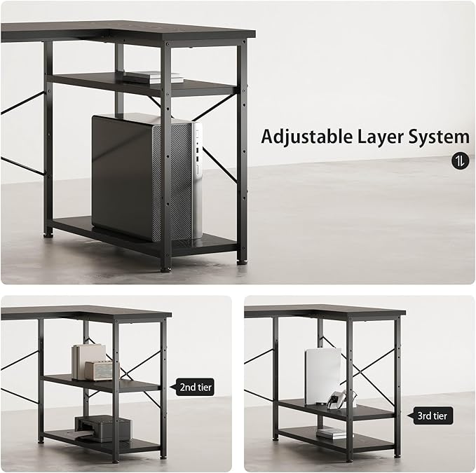 Maihail 55" Computer Desk with Drawers, Desks for Bedrooms, Writing Desk with Storage, Work Desk for Small Space, Black