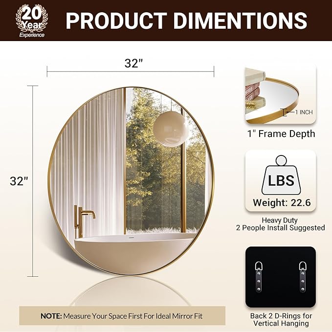 ANDY STAR Gold Round Mirror, Large Brushed Gold Round Bathroom Mirror, Brass Circle Mirror 32 inch, Modern Vanity Mirror in Stainless Steel Metal Frame for Home Decor, Entryway, Living Room