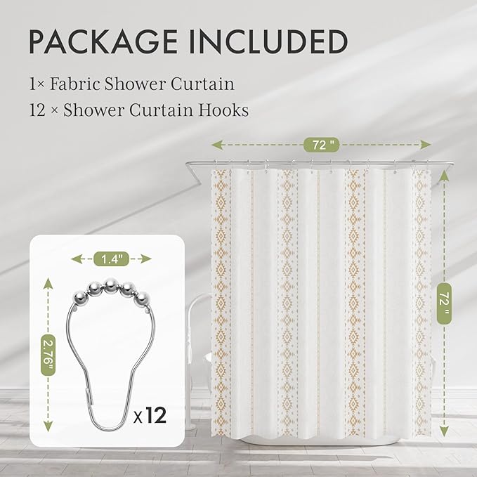 AmazerBath Boho Shower Curtain, Boho Cloth Shower Curtain with 12 Hooks, Hotel Quality Washable Rustic Farmhouse Polyester Fabric Bathroom Shower Curtain Set, 72x72 Inches