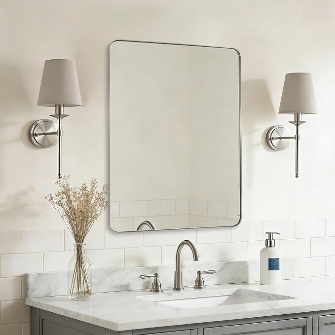 ANDY STAR Brushed Nickel Mirrors for Bathroom Sink, 28x36 Inch Bathroom Vanity Mirror with Rectangular Metal Frame-Modern Clean Design with Superior Stainless Steel Frame