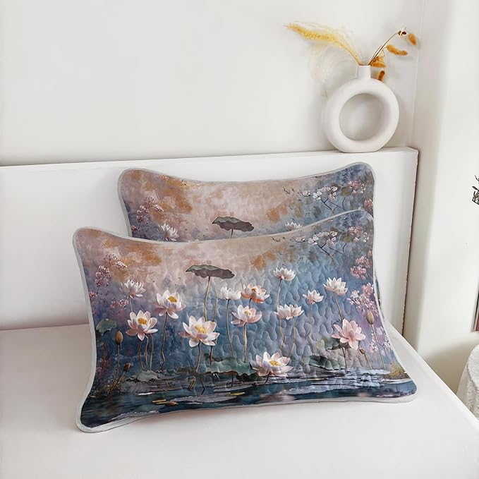 AILONEN Twin Quilted Comforter 3-Piece Set, Impressionist Lotus Pond Bedspread Coverlet with 2 Pillowcases, Soft Artistic Water Lilies Bedding for Students Dorm Blue Lavender Zen Painting