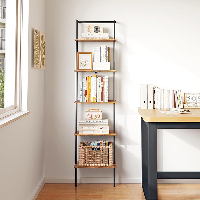 5-Tier Ladder Shelf, Wall Mounted Ladder Bookshelf with Metal Frame, Wood Tall Open Storage Rack and Display Shelves for Home Office Bedroom Living Room, Rustic Brown