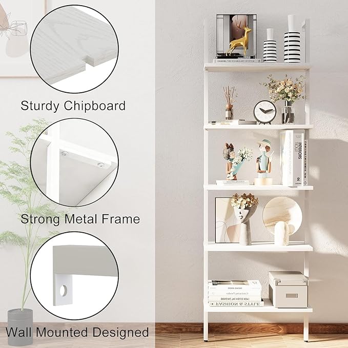 aboxoo Ladder Shelf 2 PCS White Bookshelf 5-Tier Wooden Open Shelf Wall-Mounted Wood Rack Industrial Modern Plant Flower Stand Utility Organizer Bookcase Metal Frame Furniture Office Kitchen Bedroom