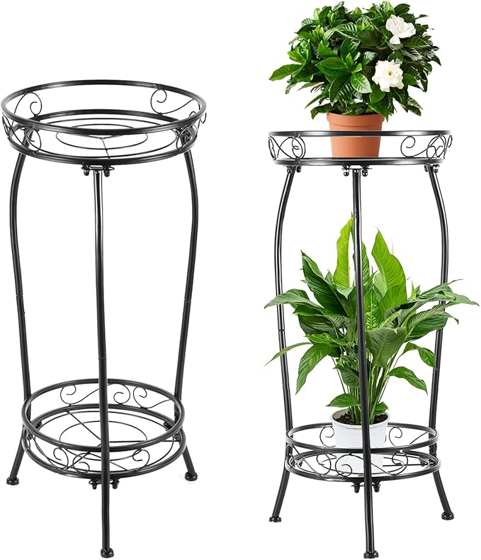 LOYAL TIGER Plant Stand Indoor Outdoor，Tall Black Metal Rustproof Stable Plant Stands，2 Tier 27.1 inch (2PS-Iron)