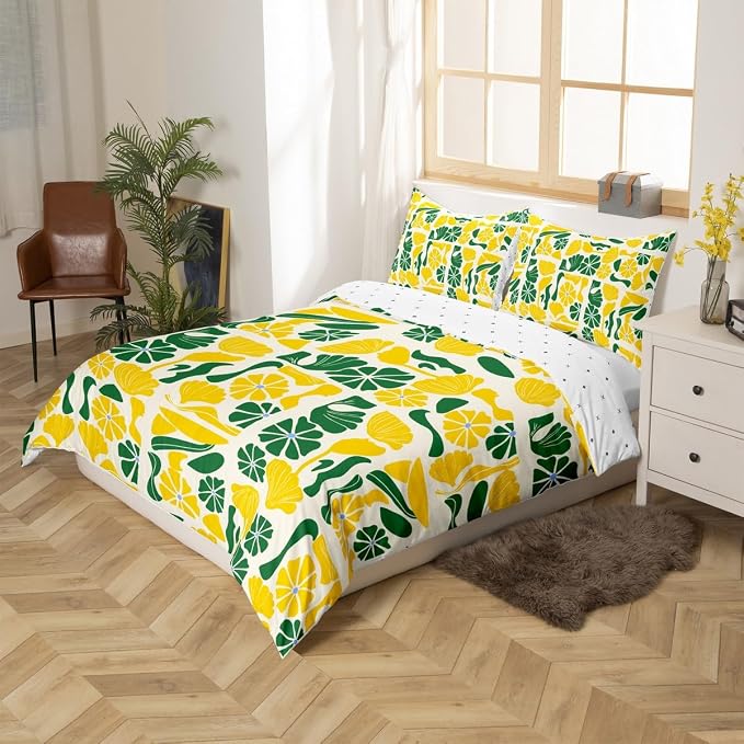 Erosebridal Retro Abstract Boho Bedding Set Twin Mid Century Modern Abstract Geometric Duvet Cover Cute Yellow Green Floral Plants Comforter Cover for Kids Adults,Vintage Patchwork Flower Bed Set