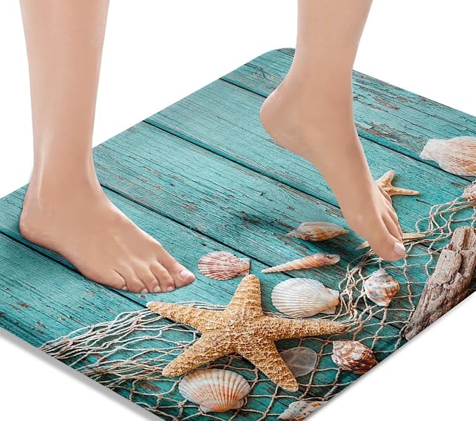 Britimes Bath Mat for Bathroom, Beach Seashells Starfish Sand Washable Cover Floor Rug Carpets Floor Mat Bathroom Decorations 20x32 Inches for Kitchen Bedroom Indoor