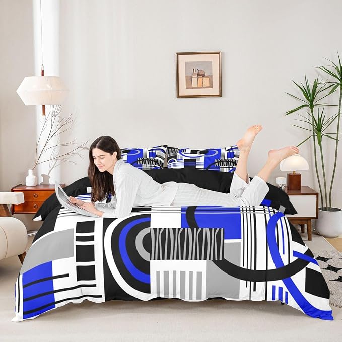 Erosebridal Art Deco Mid Century Duvet Cover Set Retro Modern Abstract Geometric Full Size Bedding Sets for Kids Boys Black and White Navy Blue Circles Stripes Comforter Cover Contemporary Bed Set