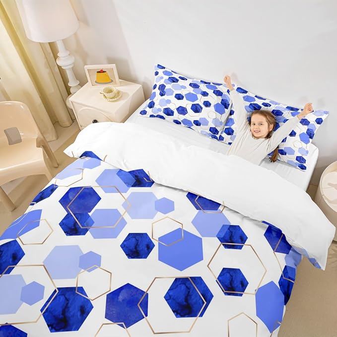 Erosebridal Blue Geometric Bedding Sets | Royal Blue Modern Abstract Kids Duvet Cover Geometric Marble Art Bed Set Twin | Watercolor Hexagon Aesthetic Bed Cover for Men Women (No Comforter)