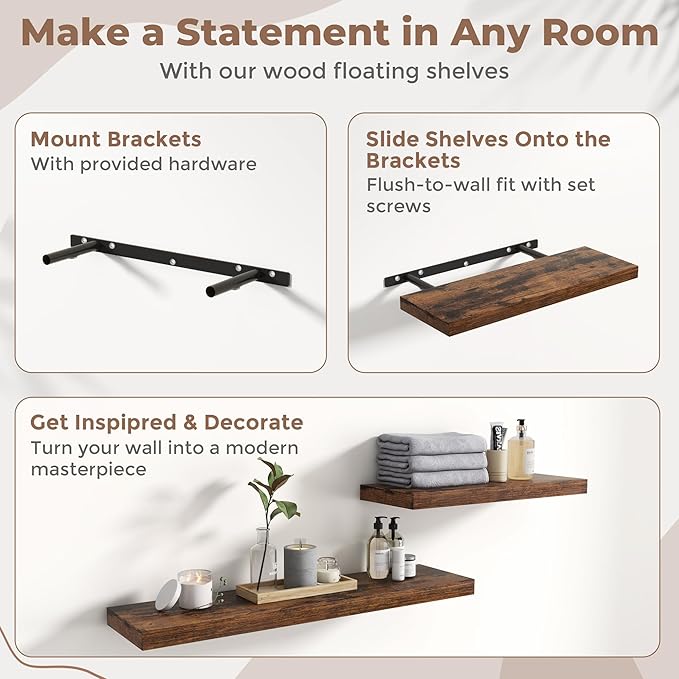 36 Inch Floating Shelves for Wall Set of 2, 8"D Wood Grain Bathroom Shelves with Invisible Brackets, Easy Install Engineered Wood Storage Shelves for Kitchen, Living Room, Bedroom, Rustic Brown Finish