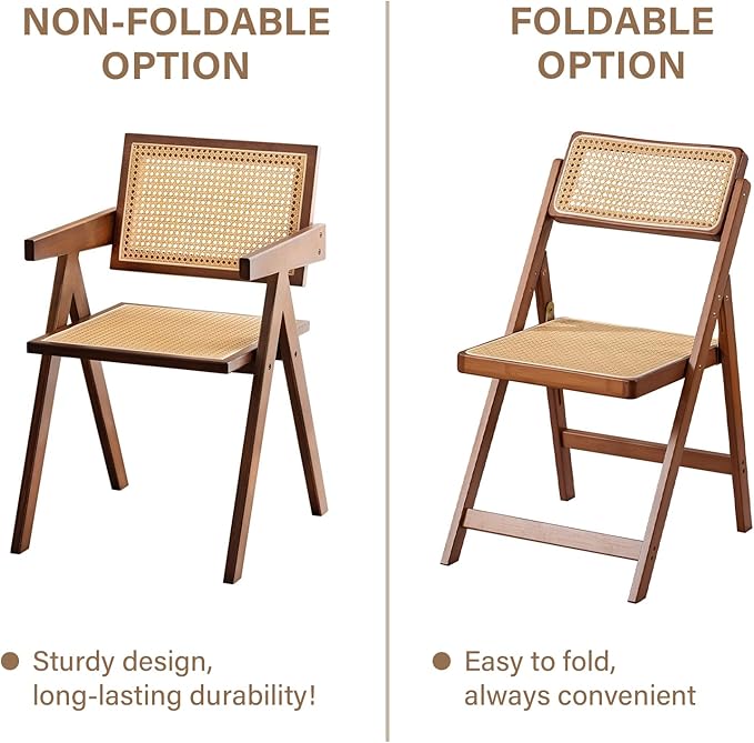 Furlide Rattan Folding Chair, Modern Mid Century Dining Chairs Set of 1, Comfy Outdoor Bamboo Chairs for Bedroom Living Room Reading Room Dining Kitchen, Walnut