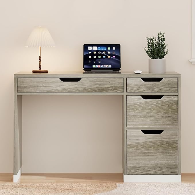 47" Computer Desk with Drawers, Small Home Office Desk with Storage, Wood Desk for Small Space, Office, Study, Walnut