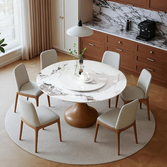 Montary 7 Piece Modern Dining Table Set of 6, Round 53" D Faux Marble Dining Table with Lazy Susan, Sintered Stone Top and Wood Base Dining Room Table with 6 Dining Chairs