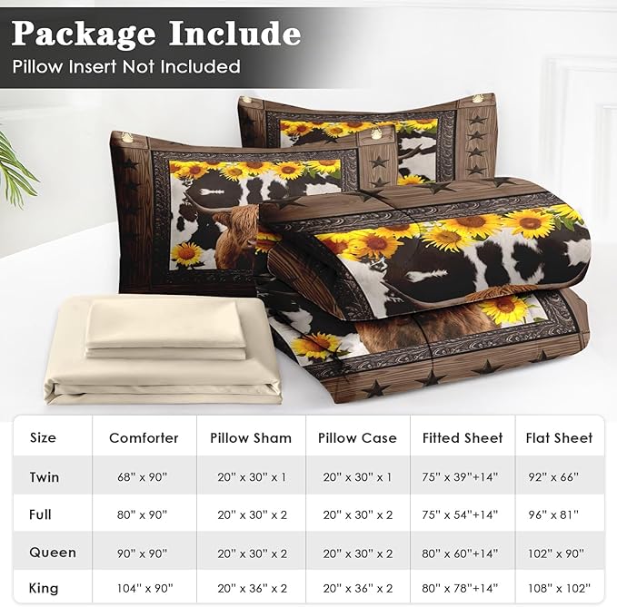 WeCozy 5 Pcs Twin Size Comforter Set with Pillowcase & Sham, Brown Highland Cow Sunflower Bedding for Kids and Adults, Bull Animal Farm Bed in a Bag with Flat Fitted Sheet