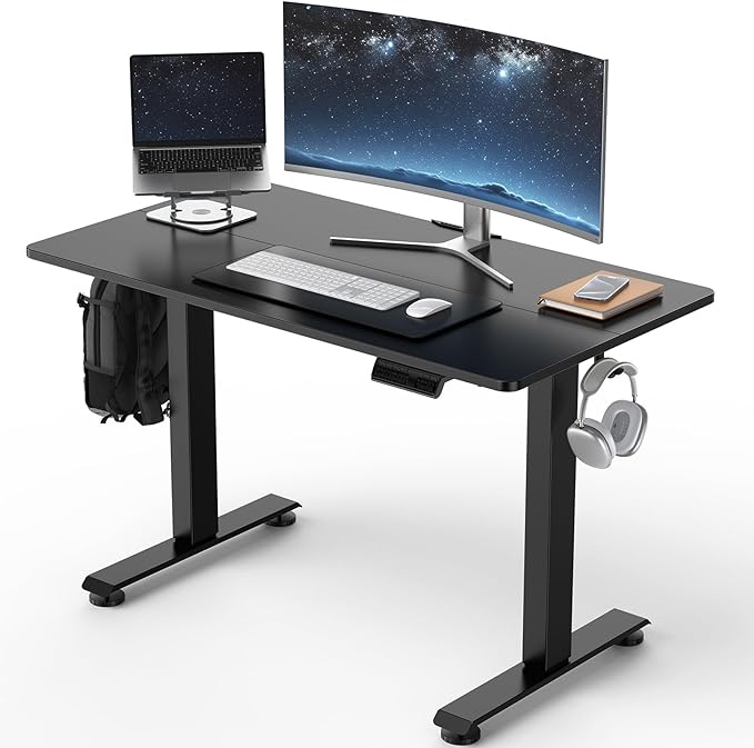 Veken 39.4" Small Electric Standing Desk, Adjustable Height Office Desk with Wood Desktop, Computer Table for Home Work, Study and Gaming, Small Spaces, Modern Furniture, Black