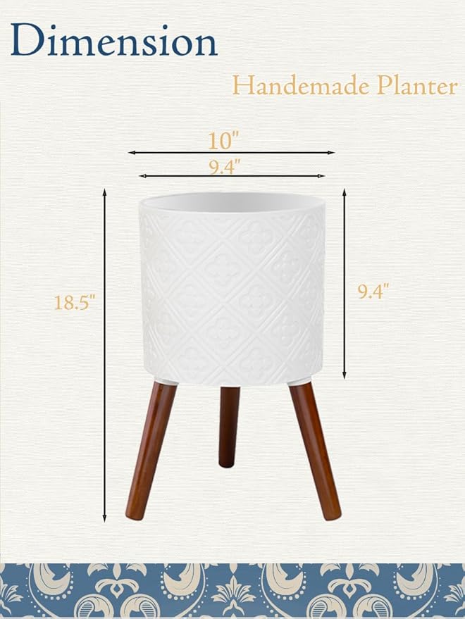 12 Inch Planter with Stand, Planter for Indoor Plants, Modern Large Flower Planter Pot with Drainage Holes for Outdoor,Matte White