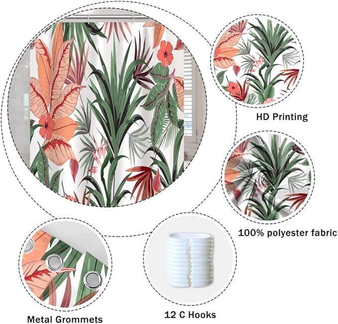 Tropical Plant Shower Curtain Boho Green Leaves Blossom Pink Lily Bath Curtain 72 x 96 Inch Waterproof Washable Fabric Summer Bathroom Decorative Shower Curtain Sets with 12 Hooks