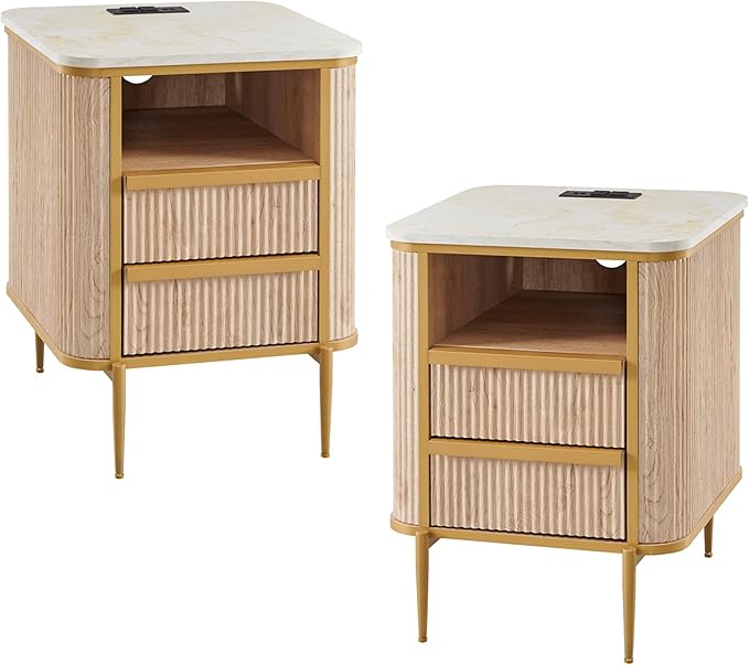 OKD Modern Chic Fluted Nightstand Set of 2 Luxury with Charging Station, End Table/Bed Side Table w/2 Drawers, Faux Marble Tabletop, Gold Metal Decor, Curved Edge Design, Natural Oak