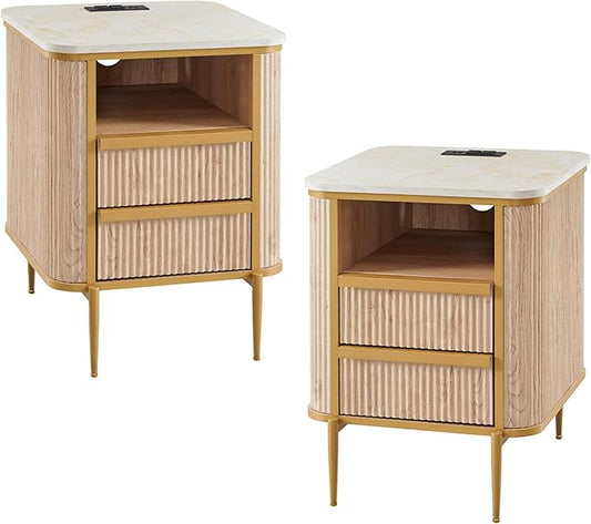 OKD Modern Chic Fluted Nightstand Set of 2 Luxury with Charging Station, End Table/Bed Side Table w/2 Drawers, Faux Marble Tabletop, Gold Metal Decor, Curved Edge Design, Natural Oak