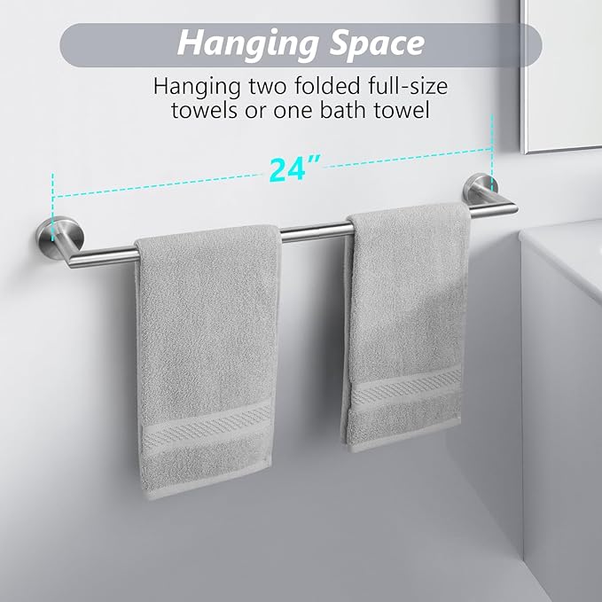 Bathroom Towel Bar 24 Inch Towel Rack Wall Mount Bath Towel Holder Modern Towel Rod Silver Bath Towel Hanger Stainless Steel Brushed Finished Bathroom Accessories Towel Rail Single Bar Brushed Nickel