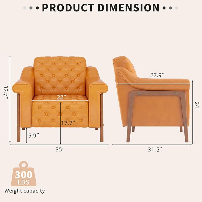EJUNQ Faux Leather Accent Chair, Mid-Century Modern Armchair, Retro Upholstered Armchair Accent Chair Club Chair for Living Room, Bedroom, Waiting Room, Office, Orange