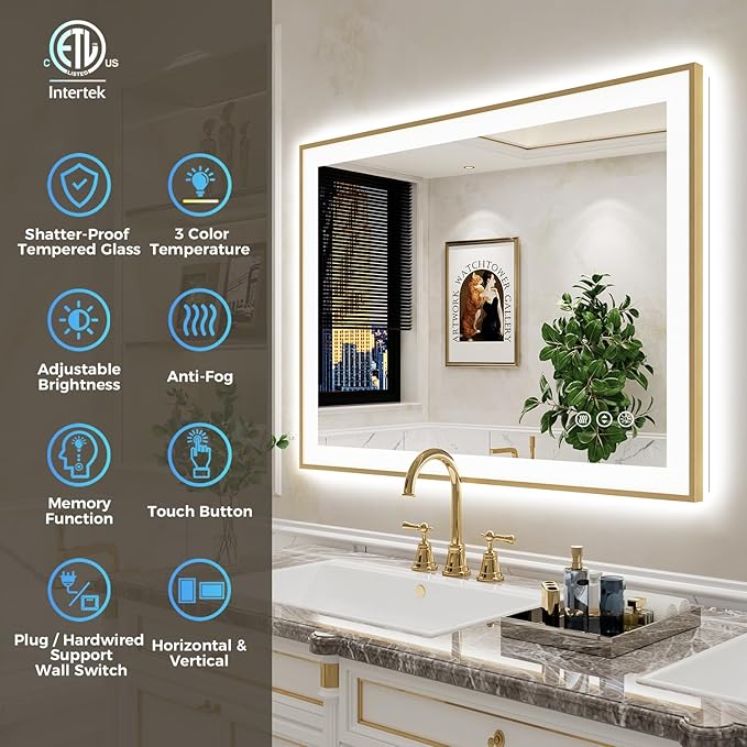 36x30 Inch LED Bathroom Mirror with Lights (Front Lit and Backlit) Gold Framed Lighted Vanity Mirror for Bathroom Wall Dimmable Anti-Fog Memory Tempered Glass Horizontal/Vertical