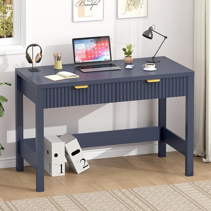 YOMILUVE Fluted Computer Desk with 2 Drawers, 39 Inch Small Computer Desk with Storage, Compact Writing Study Desk for Small Spaces, Blue