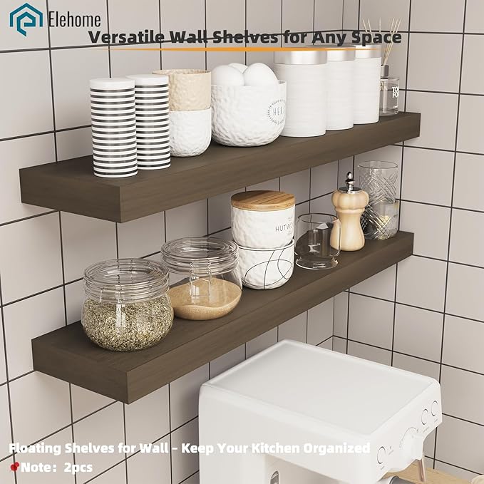 Floating Shelves Board for Wall with Brackets – 36" L x 10" W x 2" T Rich Walnut Melamine Wood Floating Shelves for Bathroom, Kitchen & Living Room Set of 2– DIY & Replacement