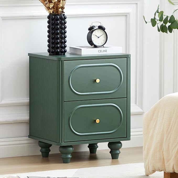 ORRD 2 Drawer Fluted Mini Small Dresser for Bedroom Set of 2, Mid Century Modern Nightstand Bedside End Table, Wood Storage Dresser Organizer for Bedroom, Green