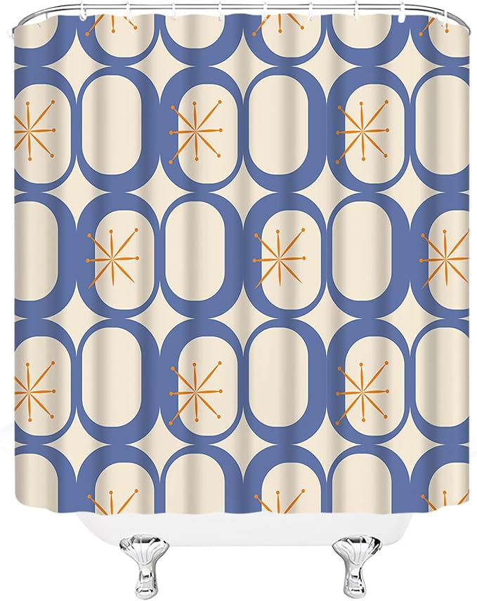 Mid Century Modern Shower Curtain Abstract Atomic Geometric Round Squares Retro 50s Blue Fabic with Hooks for Bathroom Decor,60x70 Inch