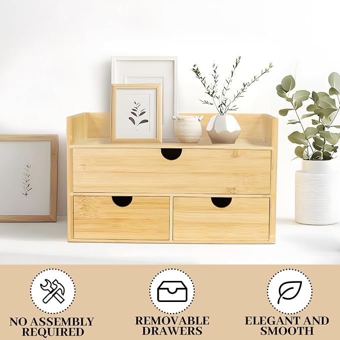 Bamboo Desk Organizer, Desktop Organizer with 3 Drawer, Tabletop Storage Organization Box for Bills, Countertop, Home Office Supplies