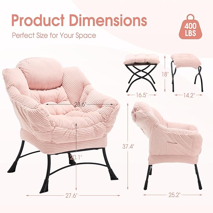 Lazy Chair with Ottoman, Comfy Lounge Chair for Reading, Relaxing, and Napping, Perfect for Living Room, Bedroom, or Office, Pink