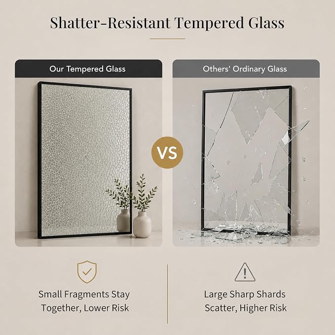 24"x36" Black Bathroom Mirror for Wall, Shatterproof Tempered Glass, Rectangle Thin Metal Frame, Ultra-Flush Wall-Mounted, H/V Mount