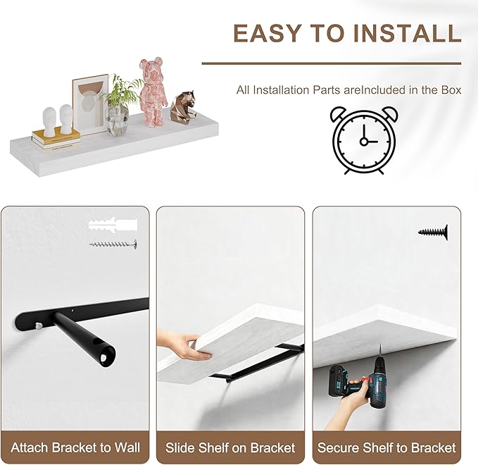 12x36 Inch Floating Shelves for Wall, Extra Long White Wall Shelves, Set of 2, Hanging Invisible Brackets Floating Shelves for Living Room,Bedroom,and Kitchen (White, 2T60IN)