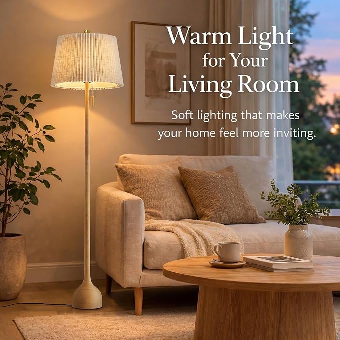 MOFFE 65" Mid Century Modern Vintage Real Wood Floor Lamp with 2 Shades for Two Looks, Sculptural Standing Lamp with Teardrop Base & Wooden Pull Chain for Living Room Bedroom Sofa Side (Bulb Included)