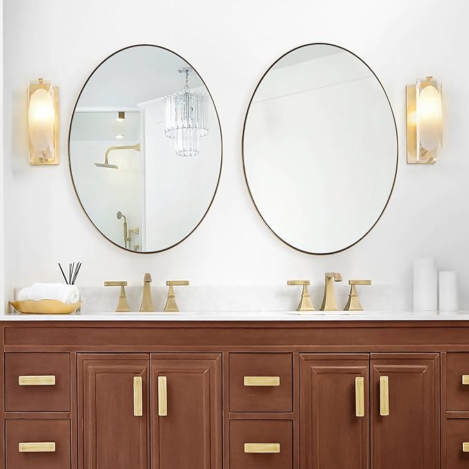 ANDY STAR Gold Oval Mirrors for Bathroom, 24x36 Inch Brushed Gold Stainless Steel Metal Framed Oval Wall Mirror, Modern Vanity Mirror Wall Mount Horizontal or Vertical
