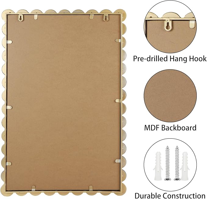 Decorative Beaded Wall Mirror – Modern Rectangular Accent Mirror, 20″x30″, for Living Room, Bedroom, Bathroom, Entryway & Office – Available in Gold, Black, & White (Gold)