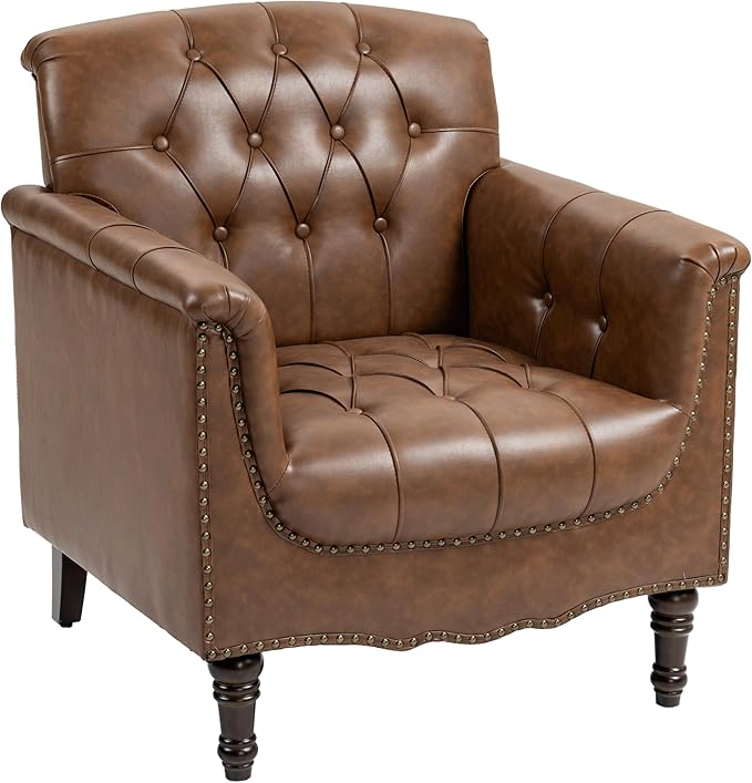 UIXE Faux Leather Accent Chairs Set of 2, Comfy Club Chair Upholstered Armchair for Living Room, Button Tufted Arm Chair Retro Single Sofa Side Reding Seat for Bedroom - Brown