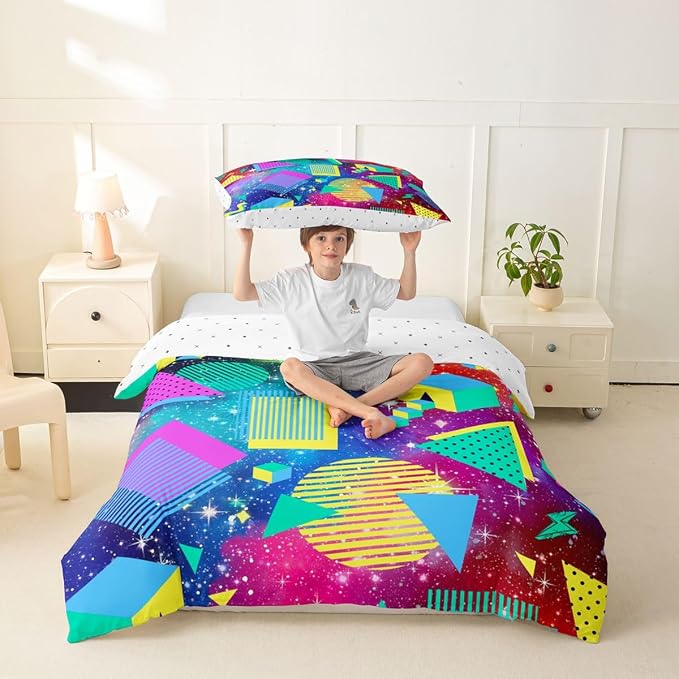 80s 90S Fashion Style Bedding Set Twin Size,Retro Memphis Style Pattern with Geometrical Shapes Duvet Cover for Kids Child,Funky Hipster Old Fashioned Comforter Cover Geometric Bedroom Decor