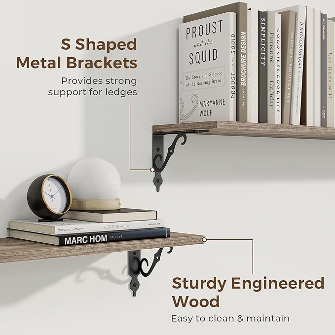 RICHFOCUS Floating Shelves for Wall Decor, 47.3W x 8D Shelves Set of 2, 8 Inch Deep Rustic Wood Shelves Wall Mounted with Brackets, Long Floating Shelves for Living Room Bedroom Kitchen, Grey