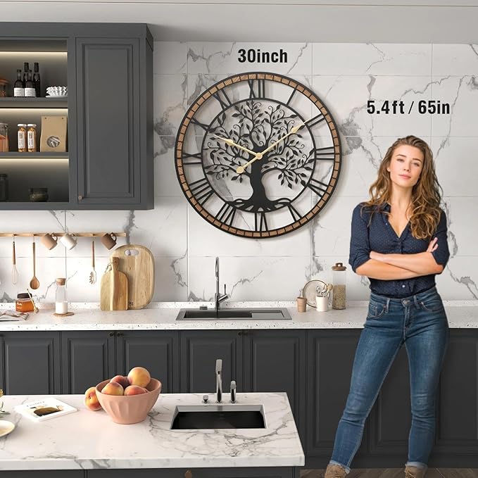 Micasso Vintage Large Wall Clock: 30Inch FarmhouseTree of Life Metal with Wood Frame - Rustic Battery Operated Wall Clocks for Office/Living Room/Bedroom/Kitchen - Home Decor for Housewife
