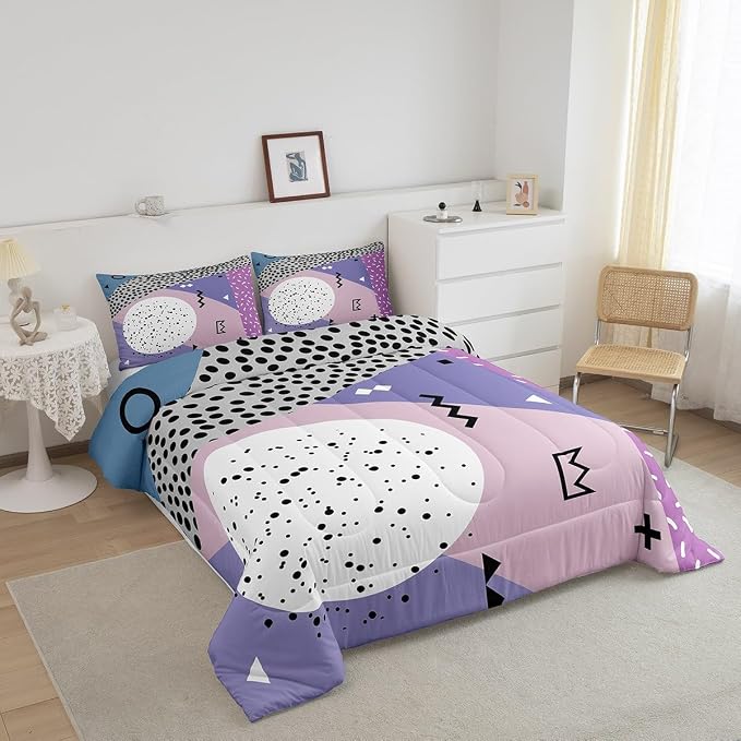 Manfei Memphis Comforter Set King Size, Abstract Geometric Retro Bedding Set 3pcs for Kids Girls Room Decor, 80s or 90s Fashion Style Quilt Set Soft Polyester Duvet Set with 2 Pillowcases