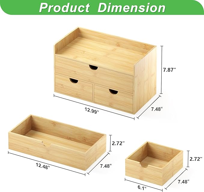 Desk Organizer with Drawers - Bamboo Desktop Organizers Storage | Wood Makeup Organizer for Bills, Office Supplies, Cosmetics, Seals, Kitchen Utensils, No Assembly Required