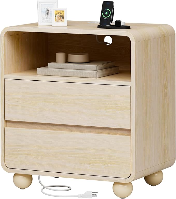 Lulive Wood Night Stand with Drawers, Modern Bedside End Table with Charging Station, Curved Profile Design Storage Nightstand for Bedroom, Natrual