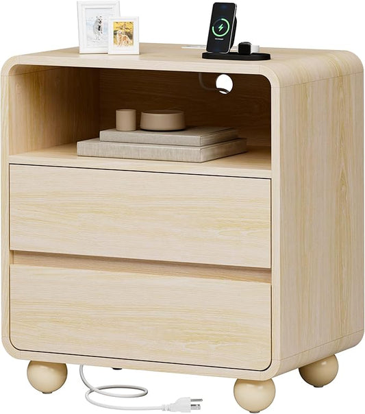 Lulive Wood Night Stand with Drawers, Modern Bedside End Table with Charging Station, Curved Profile Design Storage Nightstand for Bedroom, Natrual